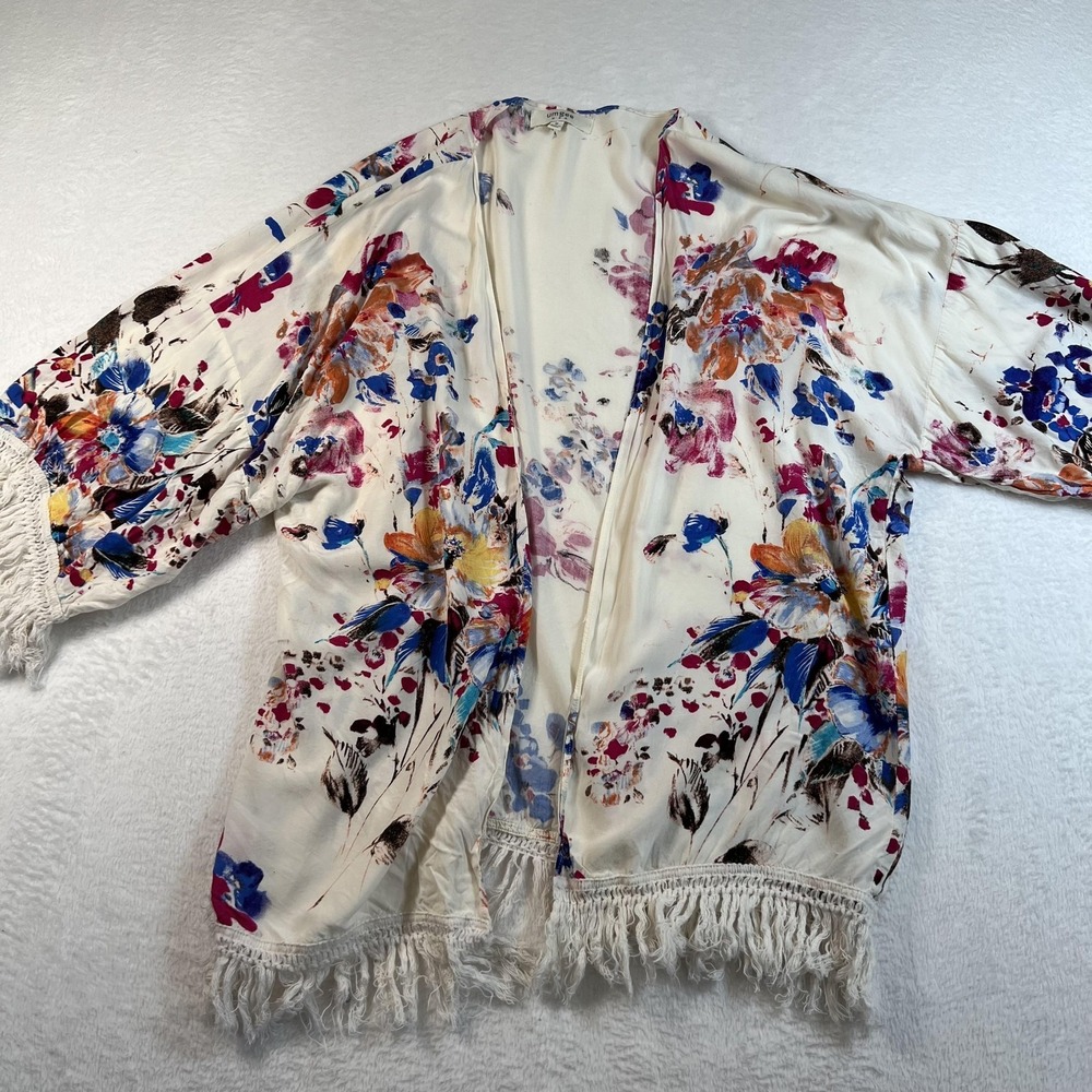 Umgee Kimono Jacket Womens Medium Multicolor Floral Fringe Boho Open Front